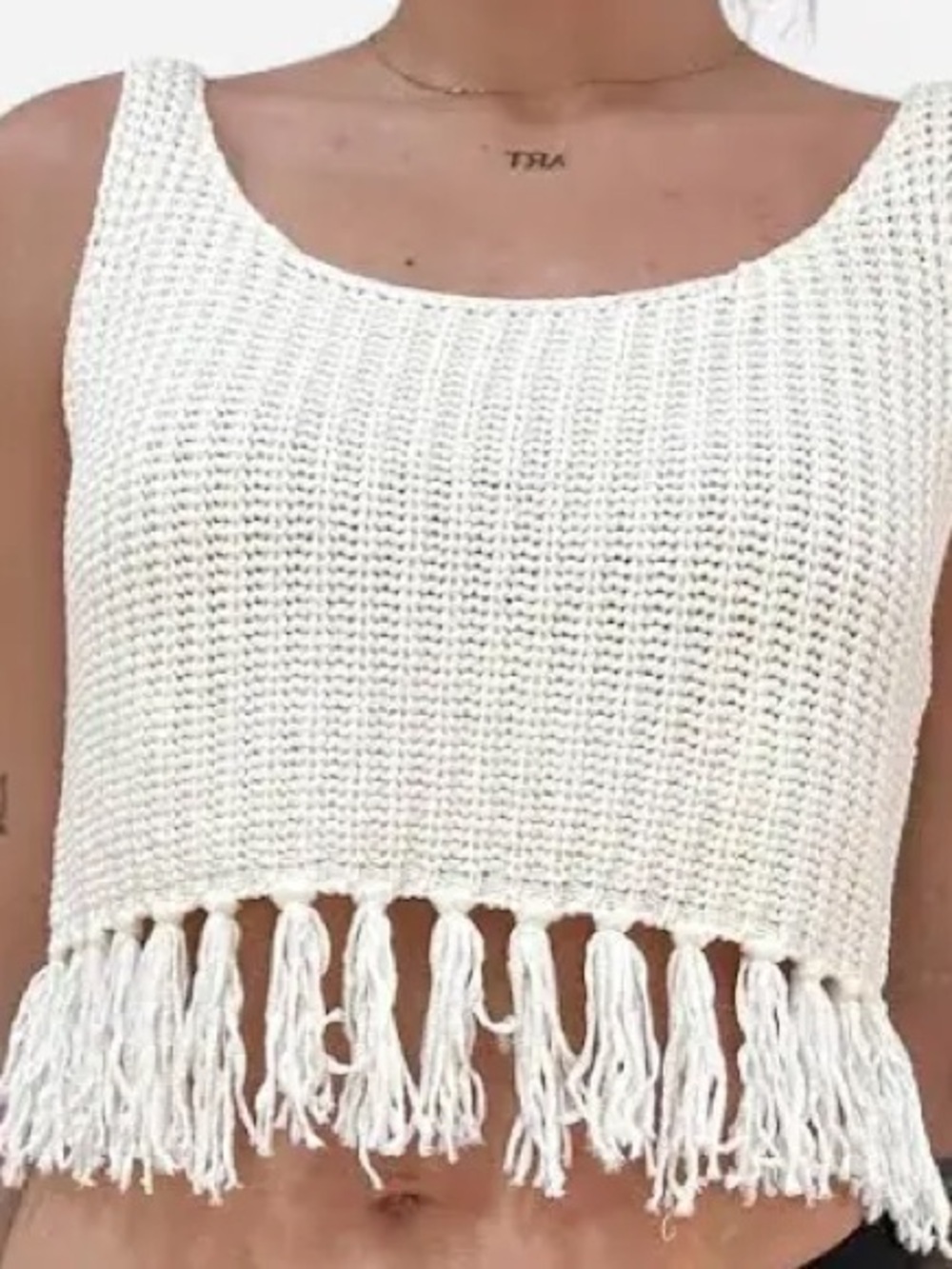White Cropped Knit Tank with Fringe